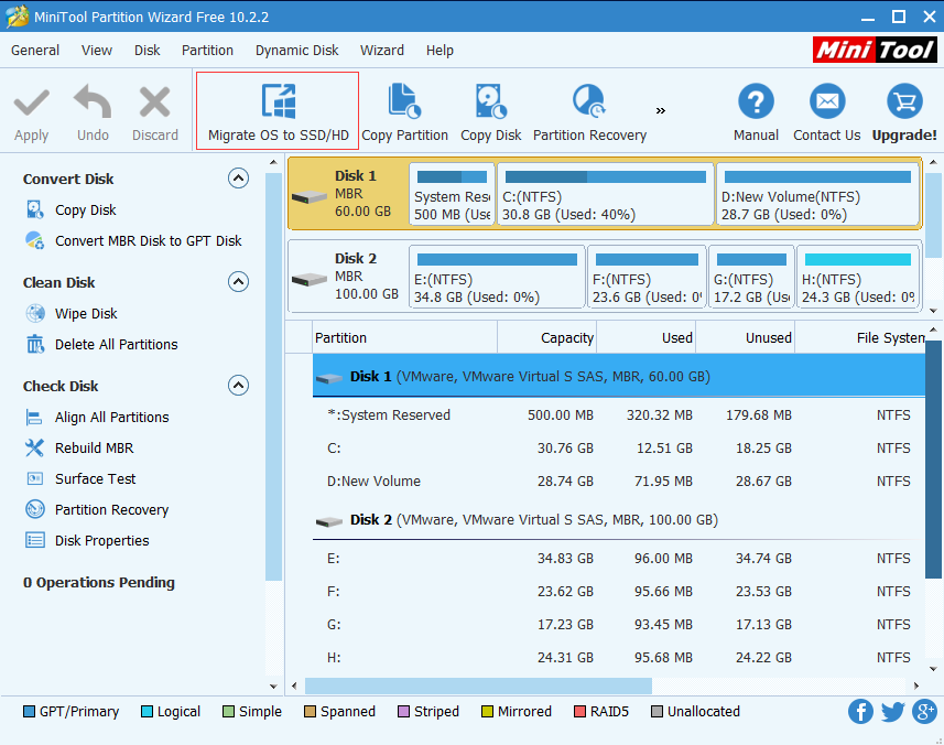 select the disk and choose the Migrate OS to SSD/HD