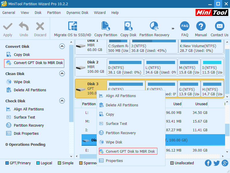 select the GPT disk and choose Convert GPT Disk to MBR disk