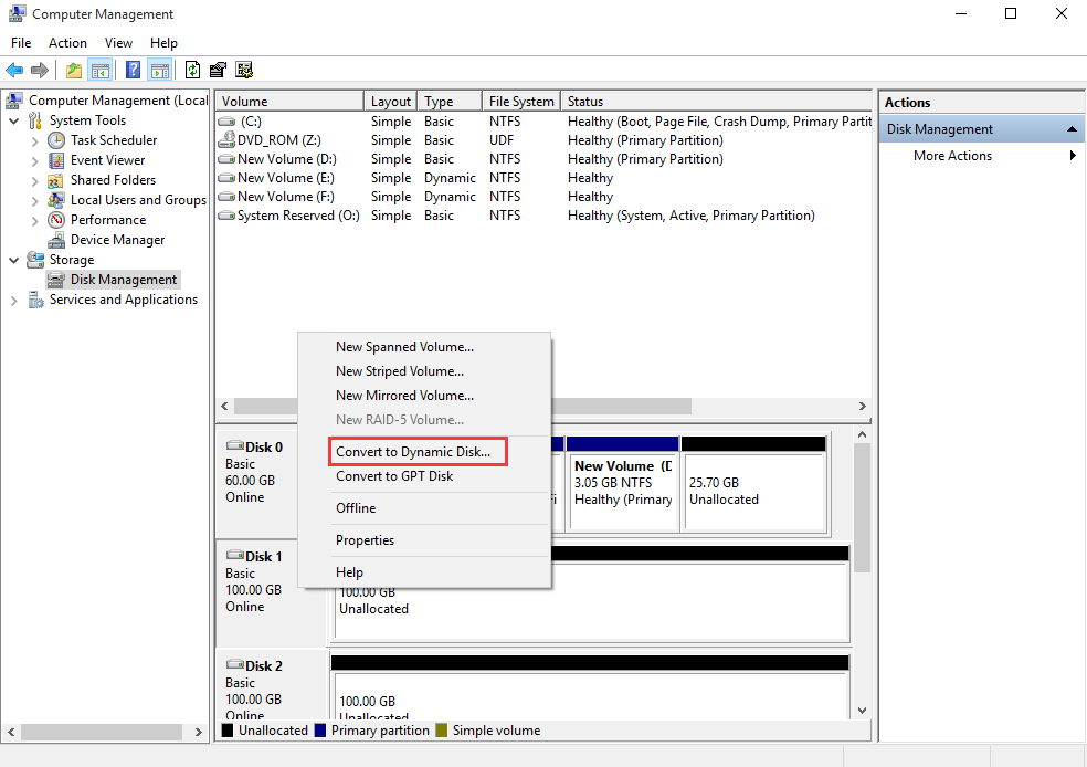 select a disk and choose Convert to Dynamic Disk