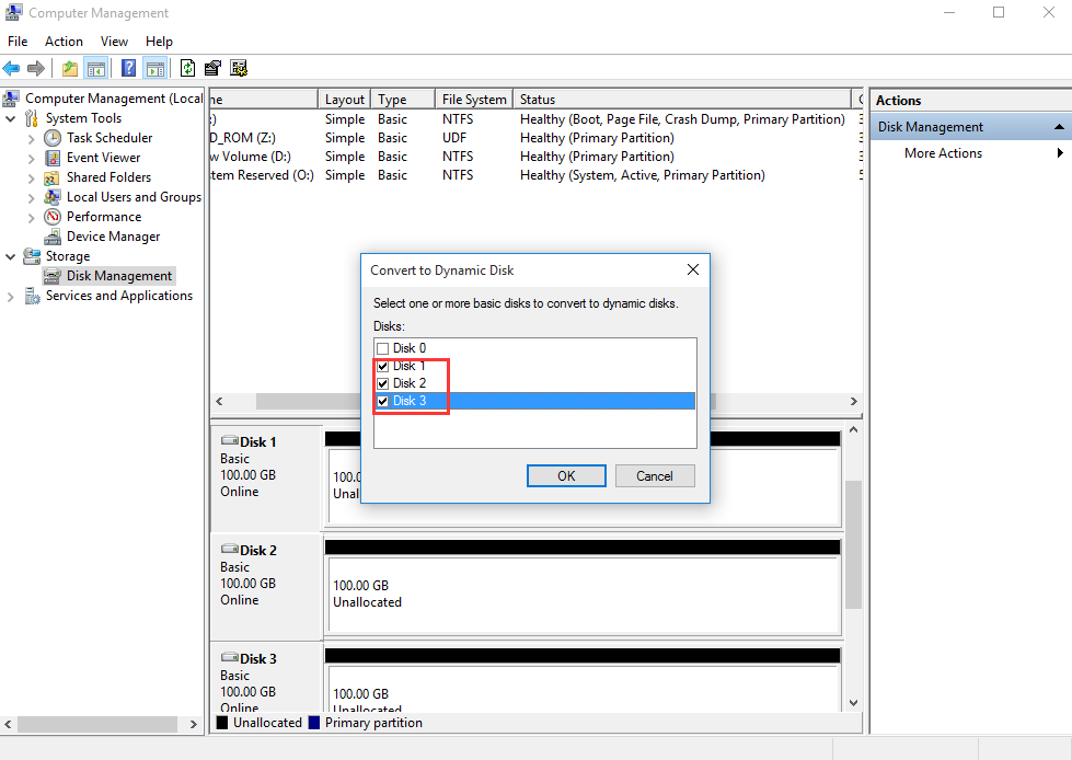 select a disk or more disks to convert to dynamic disk