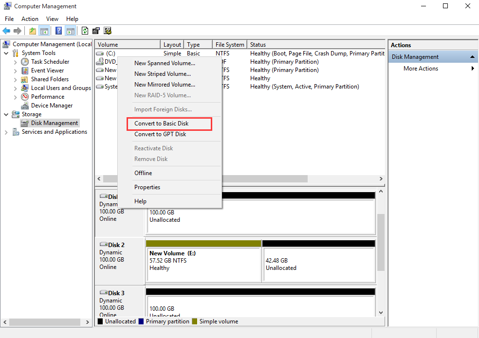 select a disk and choose Convert to Basic Disk