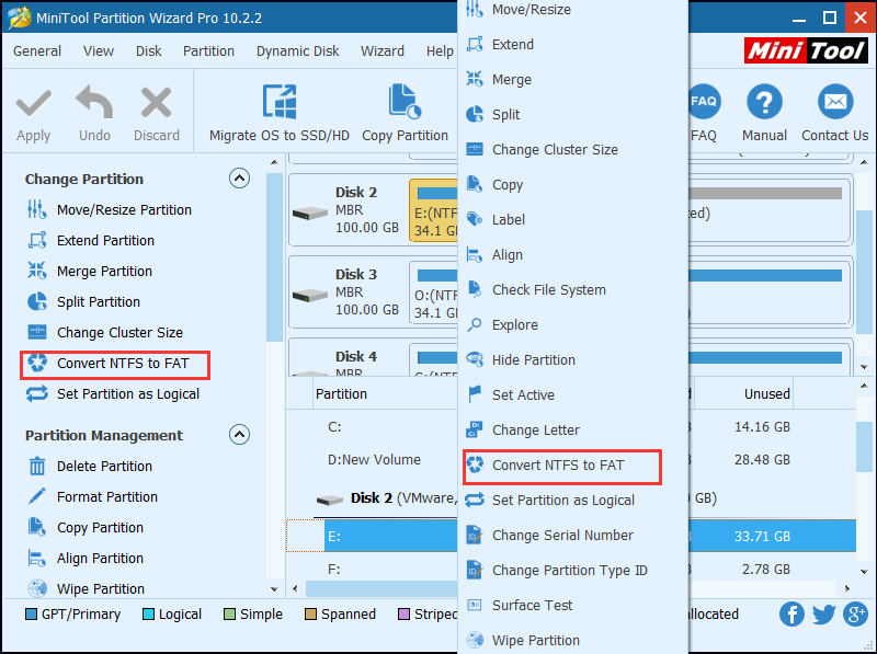 select the target disk and choose Convert NTFS to FAT