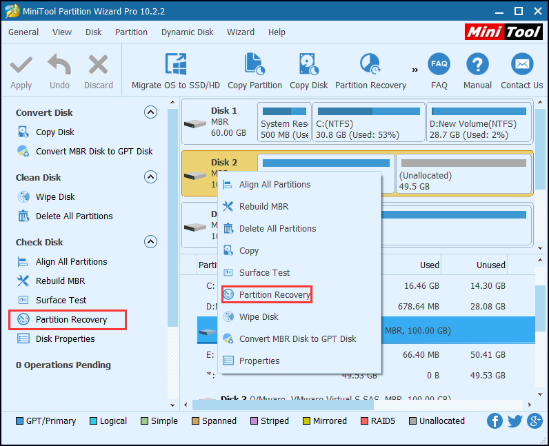 select the disk and choose the Partition Recovery