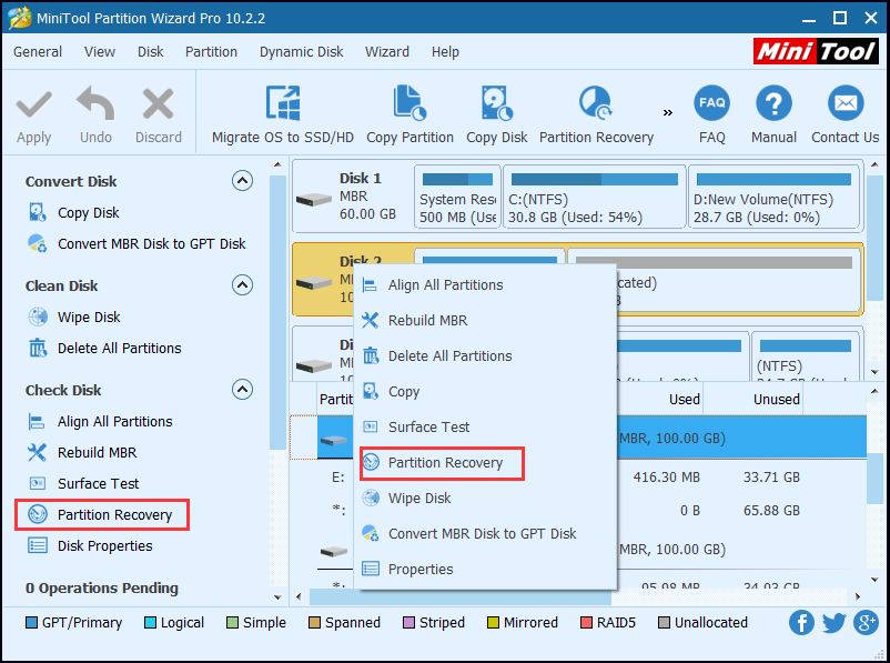 select the disk and choose the Partition Recovery