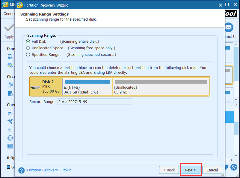 choose a scanning range and click Next button