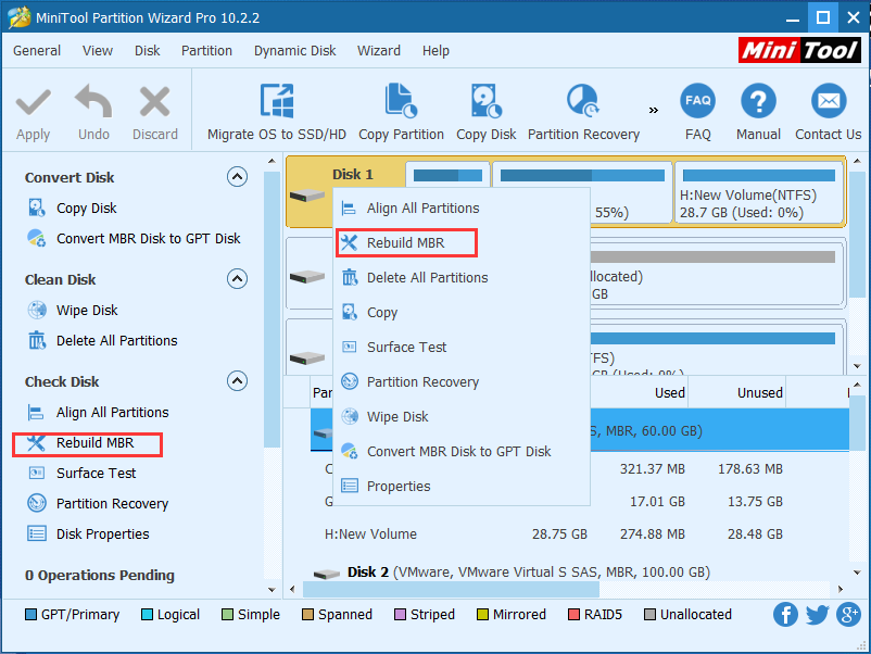 select the disk and choose Rebuild MBR