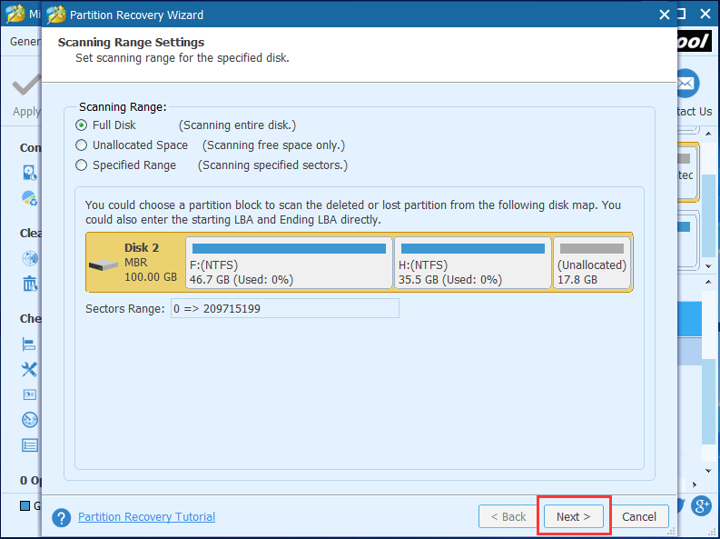 choose one of scanning ranges and click Next to continue