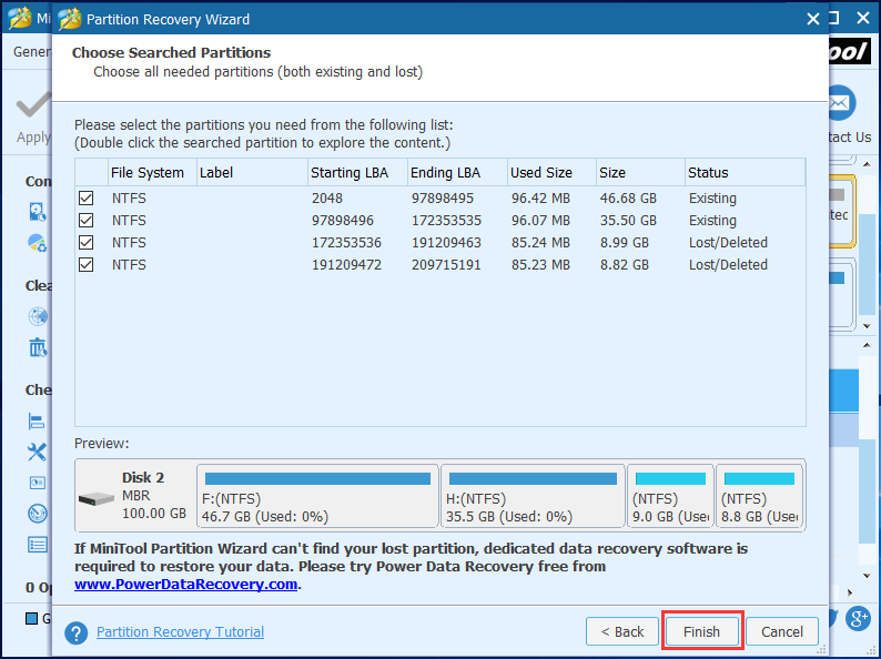 check all partitions and click Finish to continue