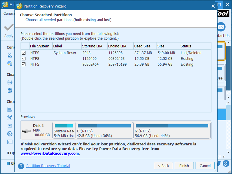 check all partitions and click Finish to continue