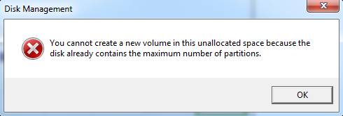cannot create partition from unallocated space