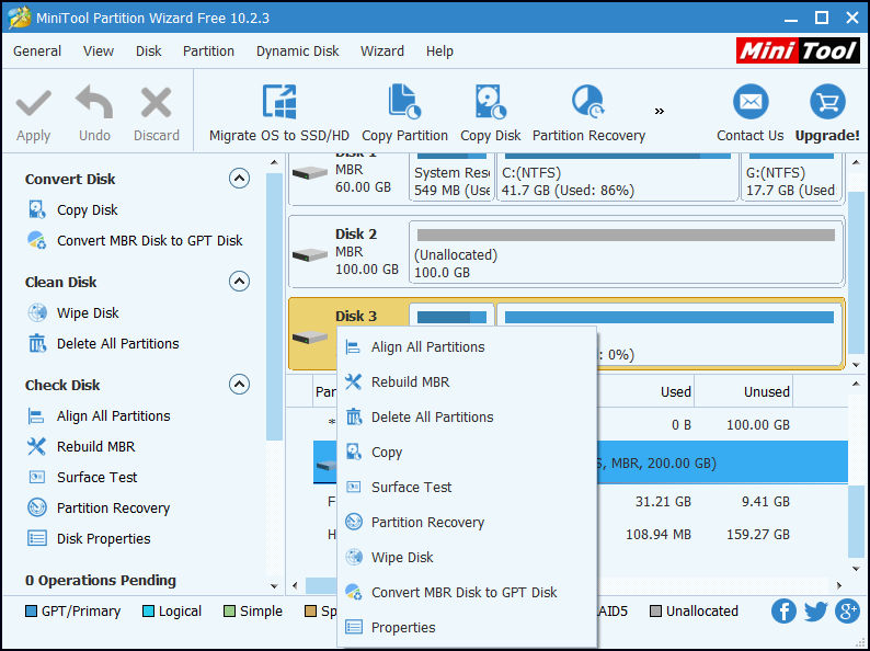 select the disk and choose Convert MBR Disk to GPT Disk