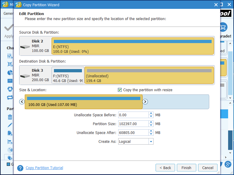 change the size and location of the partition