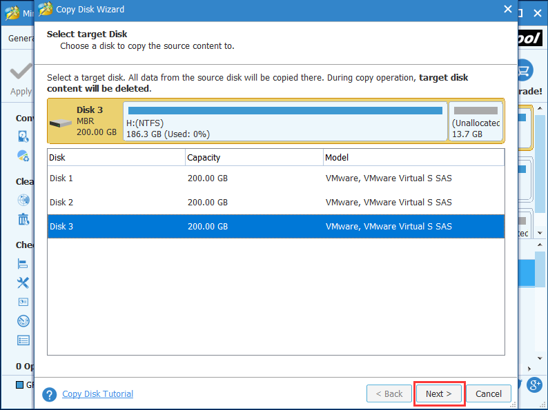 choose a target disk and click Next to continue